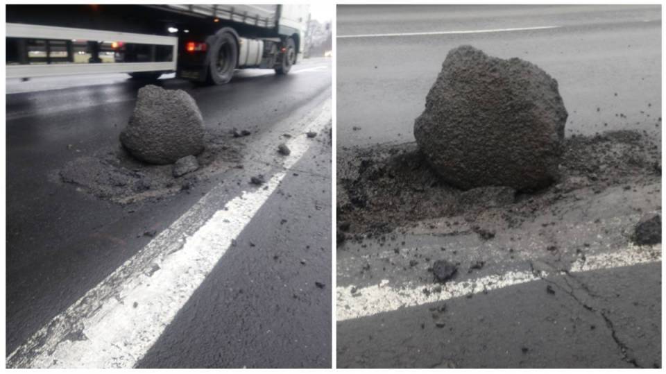 Szczerców: Ogromny fragment asfaltu wyrwany z drogi! Niebezpiecznie tuż przed światłami na DK 74