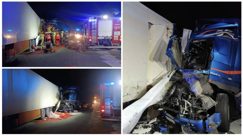 Zderzenie dwóch ciężarówek na A1. 29-letni kierowca uwięziony w pojeździe [Foto]