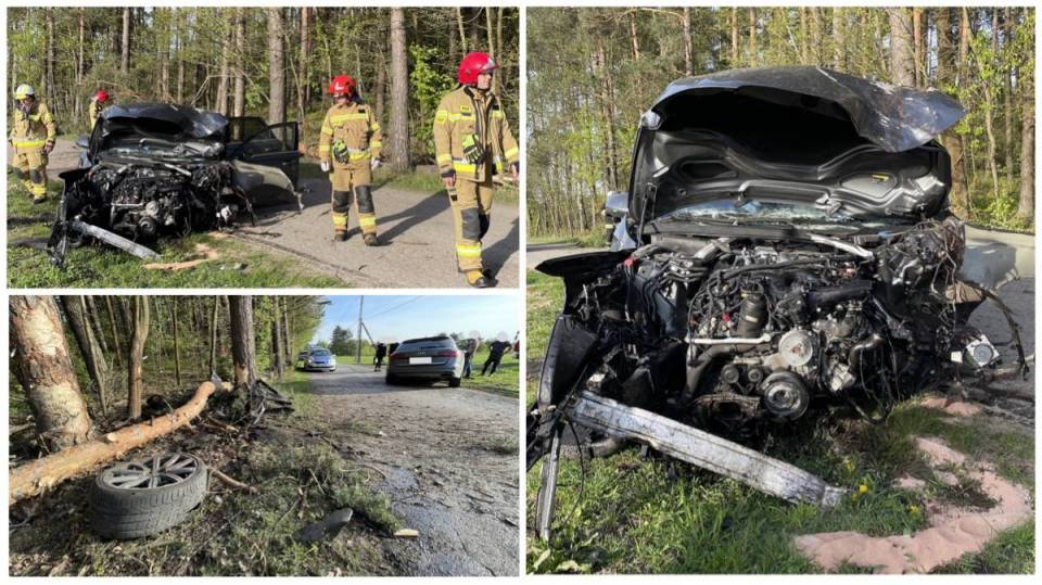 Roztrzaskane Audi i "ścięte" przydrożne drzewo - niebezpieczne zdarzenie w gminie Kluki [Wideo, foto]